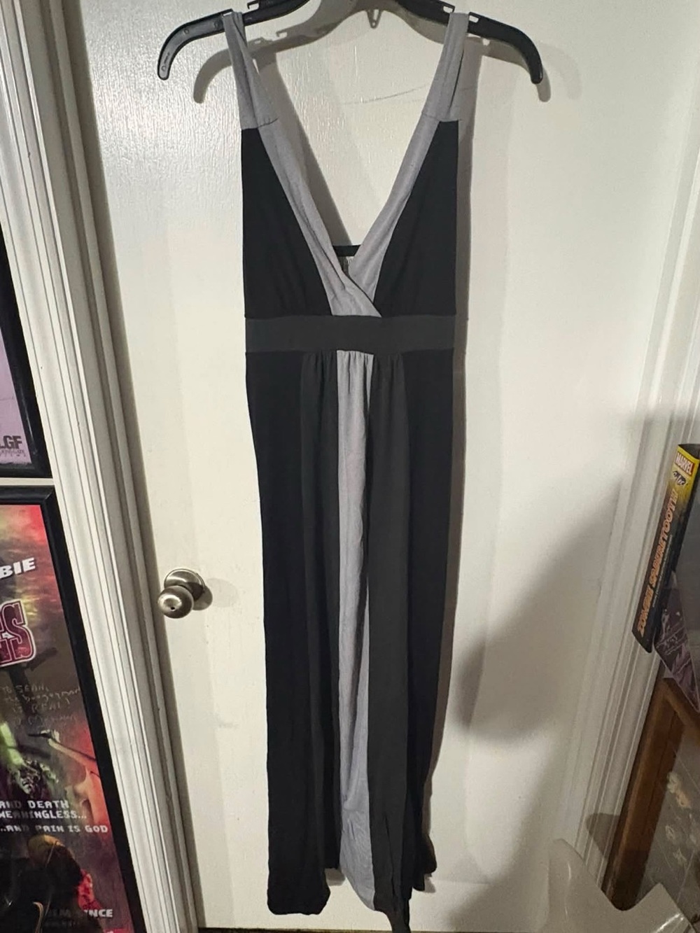 L8teR Black and Gray V-Neck Two-Tone Maxi Dress Y2K